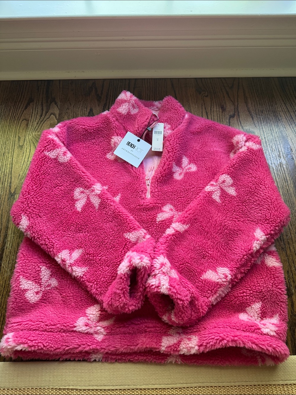 Beach Riot Pink Plush Half-Zip Hoodie with White Bow Print